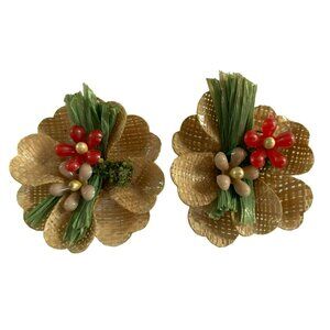 Vintage Hawaiian Raffia Flower Hair Clips Set Of 2 Handmade Floral Accessories
